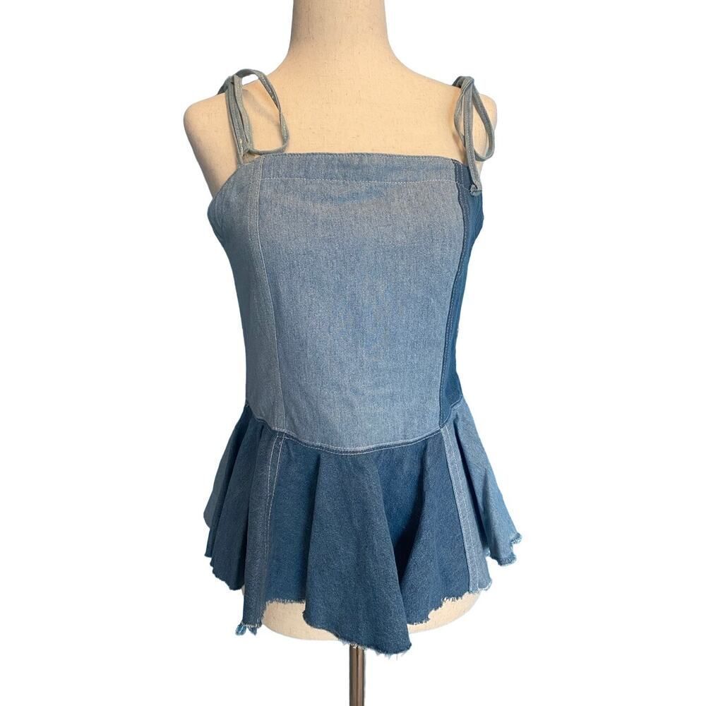 NEW RE/DONE USA Corset Halter Top Side Pearl Snap Laced Back Cotton Chambray S